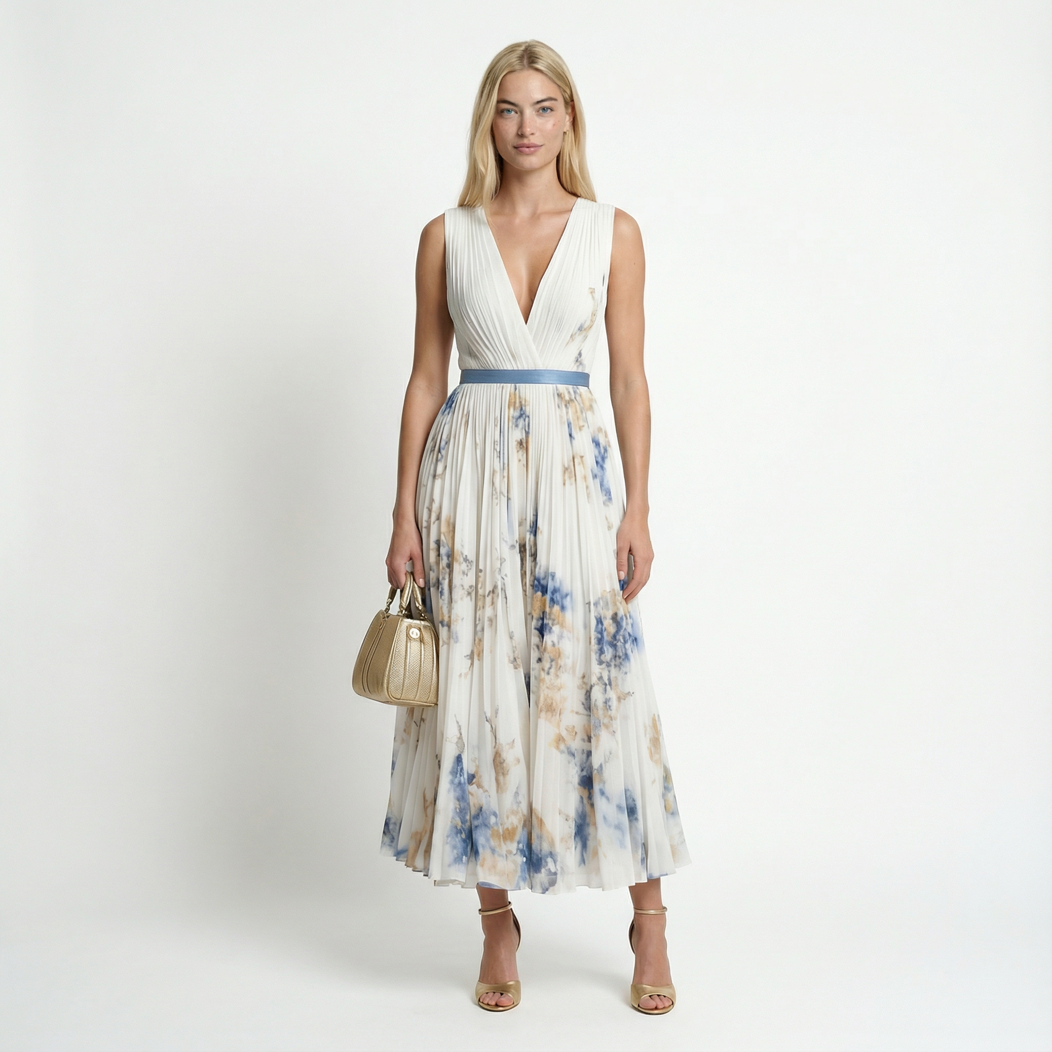 Floral Chiffon Midi Dress – V-Neck, A-Line, Plisse Pleats